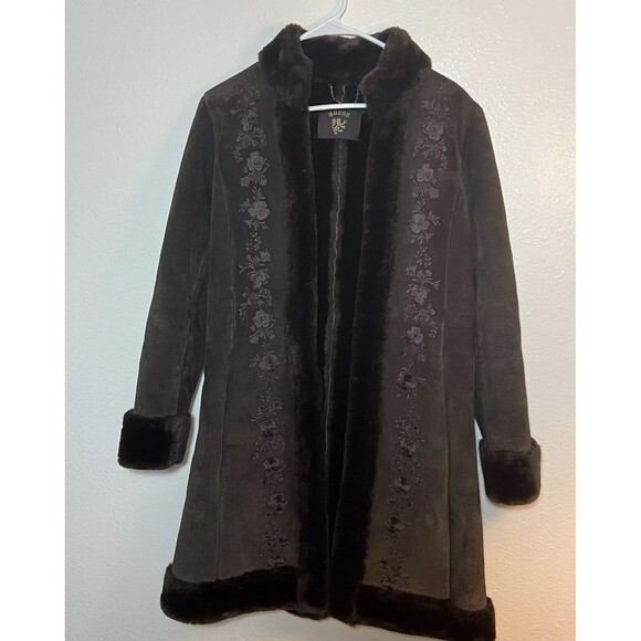 Guess Womens Vintage Brown Suede Floral Embroidered Coat Size S - Picture 1 of 8